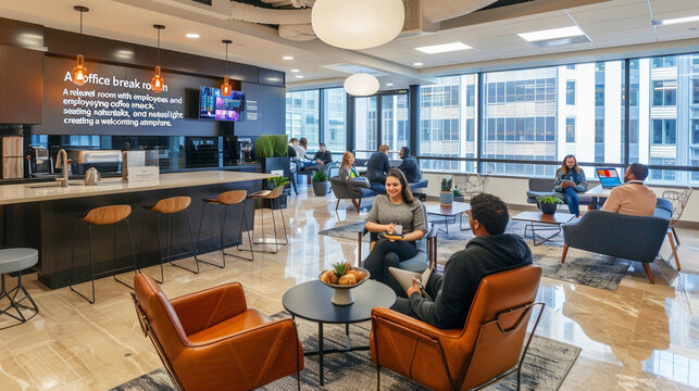 A relaxed office break room with employees enjoying coffee and snacks, comfortable seating, and natural light creating a welcoming atmosphere.