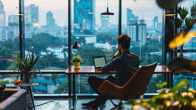 A serene office with a panoramic view of the city, a minimalist desk setup, and an employee deep in thought while working on a laptop.
