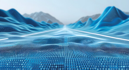 Blue technological lines form mountains and roads