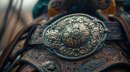 A beautifully crafted western belt with a large, ornate buckle, displayed on a saddle