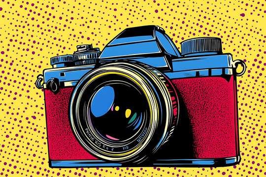 A vibrant camera icon designed in pop art style, featuring bold colors and dynamic lines.