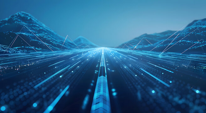 Blue technological lines form mountains and roads