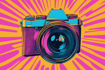 A vibrant camera icon designed in pop art style, featuring bold colors and dynamic lines.