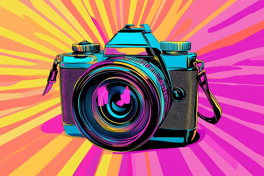 A vibrant camera icon designed in pop art style, featuring bold colors and dynamic lines.