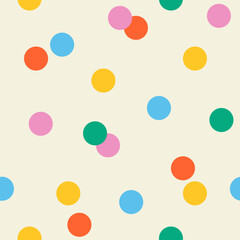 Seamless abstract multicolored polka dot, confetti pattern on a light background, flat style