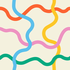Abstract cute seamless colorful pattern of wavy multicolored lines on a light background, hand drawn illustration