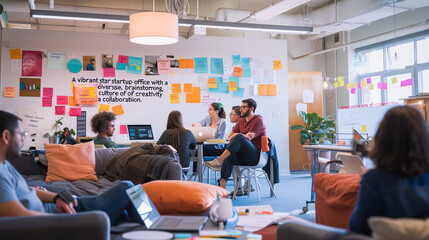 A vibrant startup office with a diverse team brainstorming, innovative decor, and a culture of creativity and collaboration."