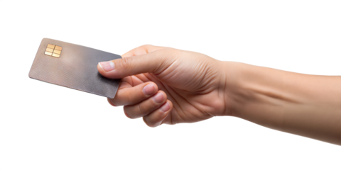 credit card in female hand isolated on white background.