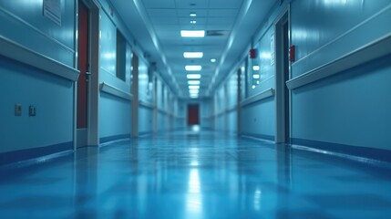 Fototapeta premium Empty Hospital Corridor with Blue Walls and Shiny Floor