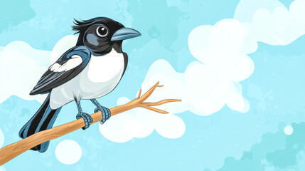 Naklejka premium Bird sitting on branch with blue sky and clouds background