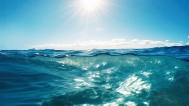The water is clear and the sun is shining on it. The water is calm and the sky is blue