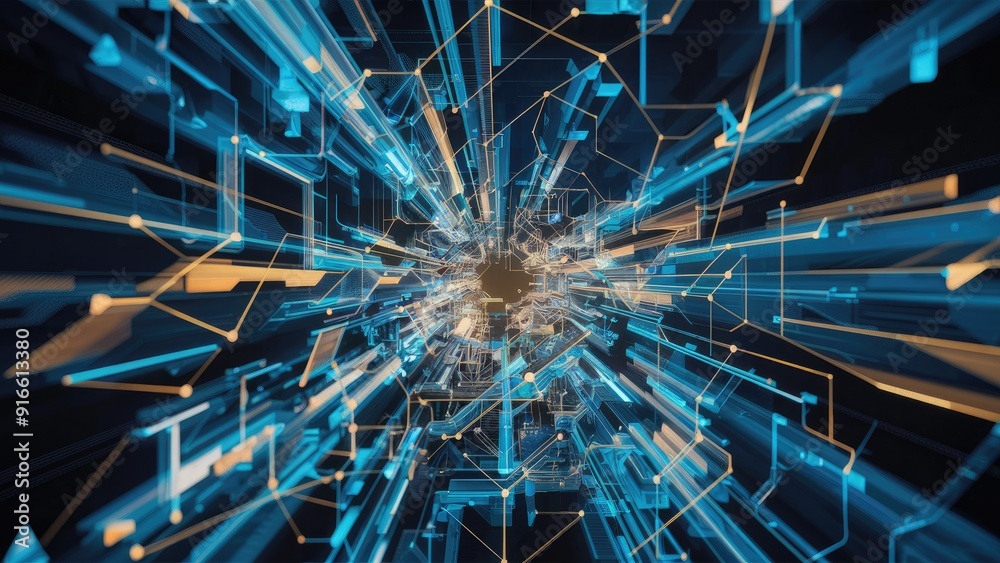 Poster abstract digital plexus background in blue and gold tones intricate network of lines points and tria