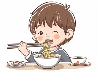 A child eat noodle's. simple illustration. AI generated