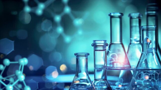 A collection of glass beakers and test tubes are arranged on a table. Concept of scientific exploration and discovery, as the various glassware pieces are used to conduct experiments