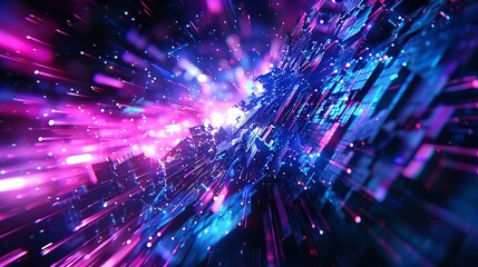 Fototapeta premium A chaotic digital glitch pattern with neon blues and purples, displaying fragmented and broken lines, on a black backdrop. Highlighting intense light effects and high contrast,