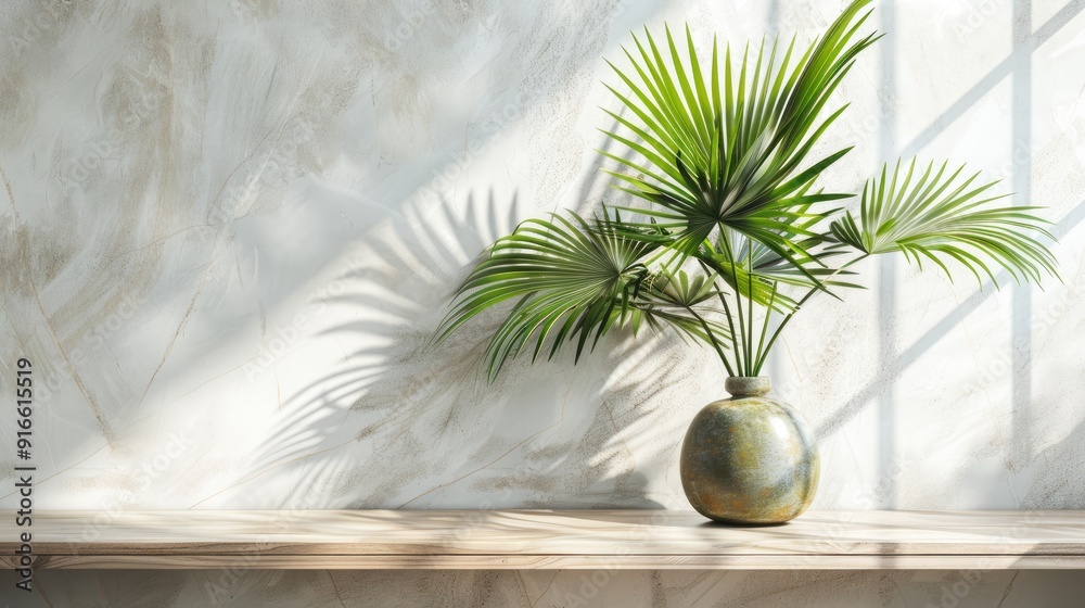 Wall mural Sunlit summer decor: green palm leaves in vase, marble tile backdrop, wooden table, blank space.