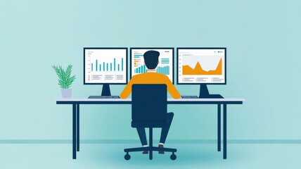 Fototapeta premium A professional analyzing data with multiple monitors in a modern workspace. Focus on productivity and technology in business.