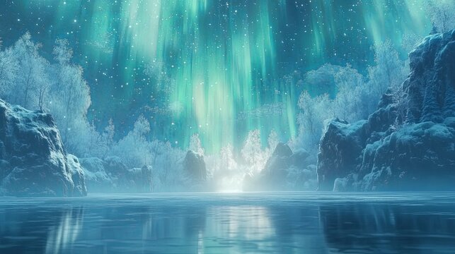 Mesmerizing Aurora Borealis Over a Frozen Lake with Shimmering Green-Purple Lights Reflecting on Snow-Covered Trees, Stock Photography with Ample Copy Space for Text

