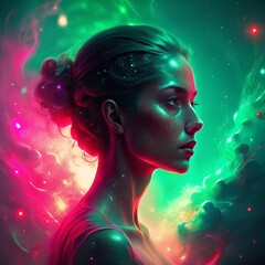 A Woman's Profile Surrounded by Shimmering Lights and Smoke