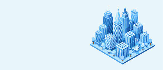 An isometric illustration depicting a modern cityscape with blue buildings and snowy trees.