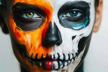 Obraz premium Portrait of a person with half their face painted as a skull and the other half vibrant and alive, illustrating life and death. High-resolution, detailed textures, crisp focus