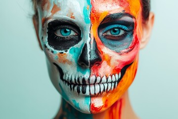 Portrait of a person with half their face painted as a skull and the other half vibrant and alive, illustrating life and death. High-resolution, detailed textures, crisp focus