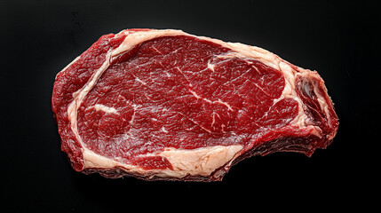 Fototapeta premium Côte ou entrecôte de bœuf sur fond noir, avec liseré de gras pour son persillage, morceau de boucher de qualité isolé sur fond blanc, vue du dessus