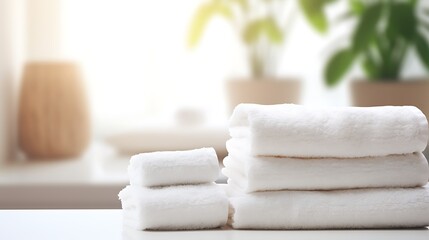White towels neatly rolled on a white table, ample copy space, blurred living room backdrop