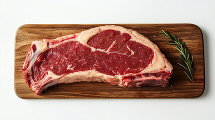 Fototapeta premium Côte ou entrecôte de bœuf sur une planche à découper sur fond blanc, vue du dessus, avec liseré de gras pour son persillage, morceau de boucher de qualité isolé sur fond blanc