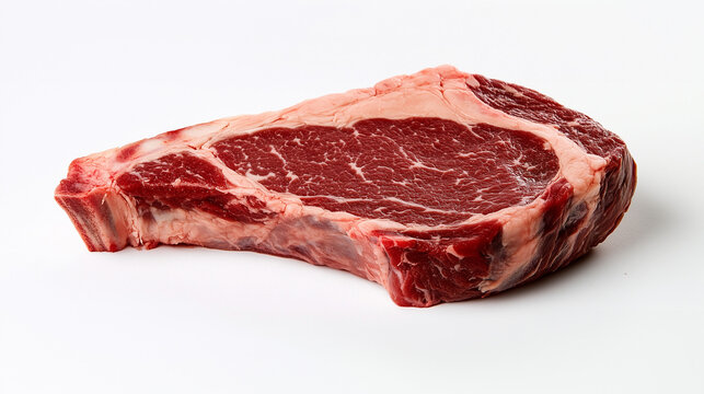 Côte ou entrecôte de bœuf sur fond blanc, avec liseré de gras pour son persillage, morceau de boucher de qualité isolé sur fond blanc
