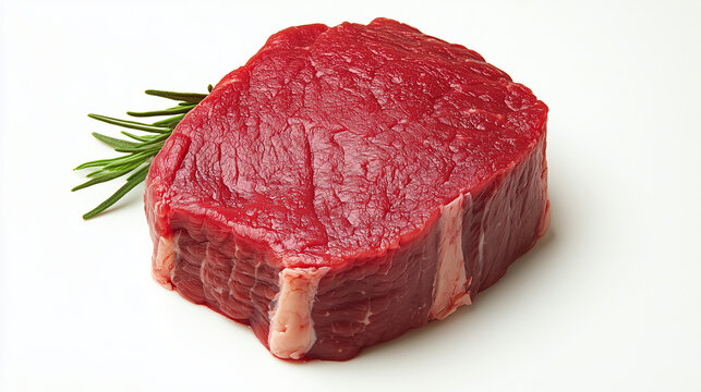 Morceau de rumsteck de b&oelig;uf, avec liser&eacute; de gras pour son persillage, morceau de boucher de qualit&eacute; isol&eacute; sur fond blanc, vue du profil