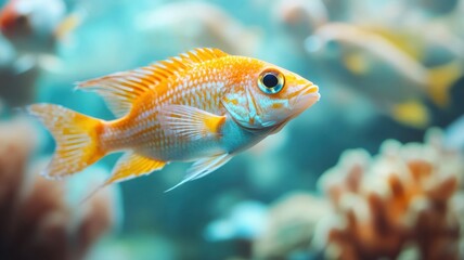 Fototapeta premium A vibrant orange fish swimming gracefully through a colorful coral reef, showcasing marine life in its natural habitat.
