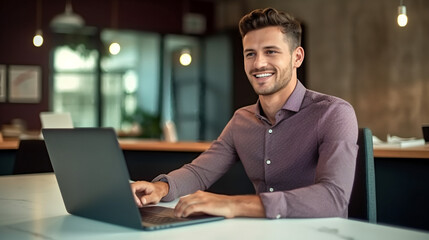 A handsome young man in an office setting.