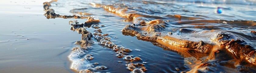 A beach with a large amount of oil in the water