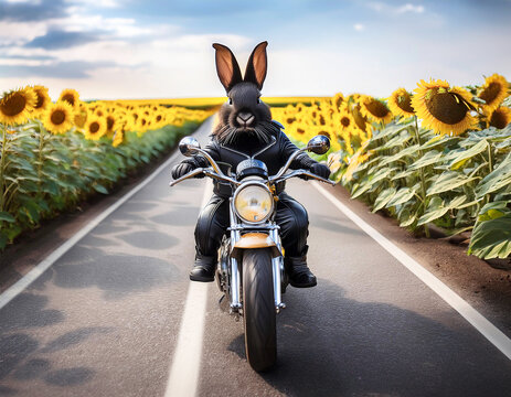 Ein schwarzer Hase auf einem schweren Motorrad 