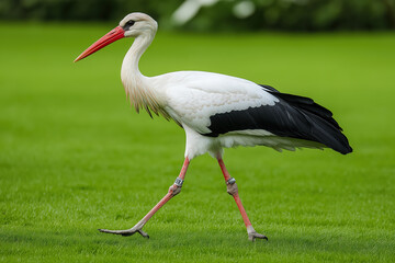 Fototapeta premium Stork walking on grass, with white and black feathers and a red beak, in a natural environment. 