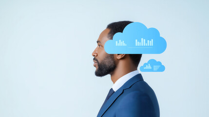 A profile image of a thoughtful businessman with floating cloud icons displaying data graphs.