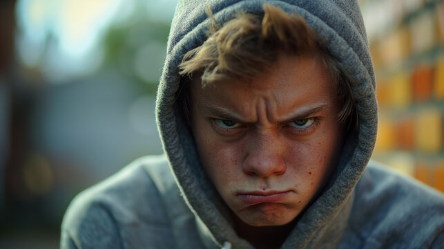 Young boy in a hoodie, looking sullen and defiant. His intense expression and the casual clothing create a rebellious and moody atmosphere.