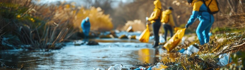 Three people are cleaning up trash along a river