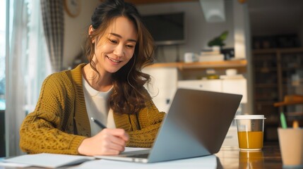 A woman in her late thirties writing notes on paper while sitting at a table with a laptop