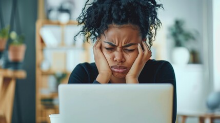 Black woman in an office, worried and sad with hands on her face looking at a laptop screen