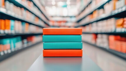 A stack of colorful books in a modern library setting, representing knowledge and learning surrounded by shelves of literature.