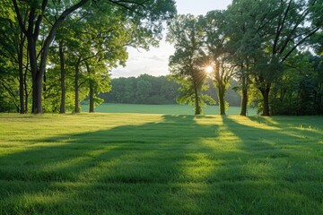 Obraz premium A large field of grass with trees in the background