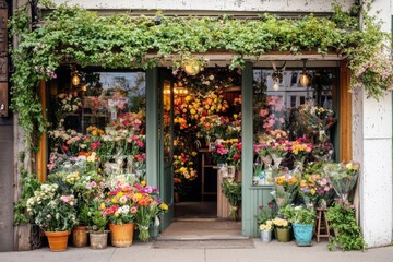 Vintage-style flower shop with a rustic storefront, displaying an array of colorful flower arrangements and a warm, inviting entrance filled with vibrant blooms and greenery