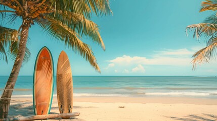 Vintage surfboards and palm trees on the beach with a clear blue sky background, depicting a summer vacation concept.
