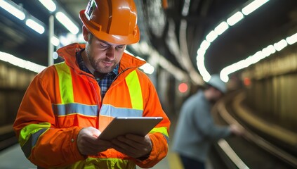 Construction Worker Using Tablet in Subway Tunnel