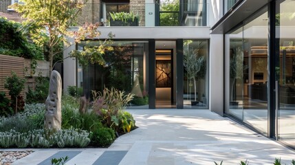 Picture a sleek, modern home in London with large glass panels, a minimalist design, and a landscaped front garden.