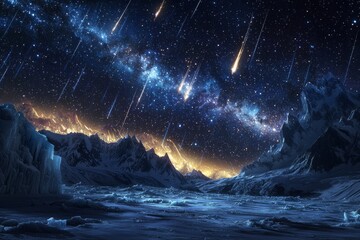 Meteorite rain streaking across a midnight sky full of twinkling stars, with a backdrop of icy mountains glistening under the celestial display, creating a serene and majestic scene