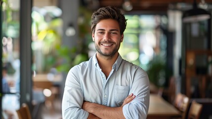 Fototapeta premium A handsome smiling businessman stands in an office with his arms crossed