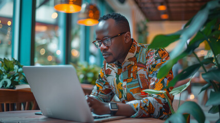 A man in casual attire, sitting at an open laptop on the table with his phone in hand and glasses